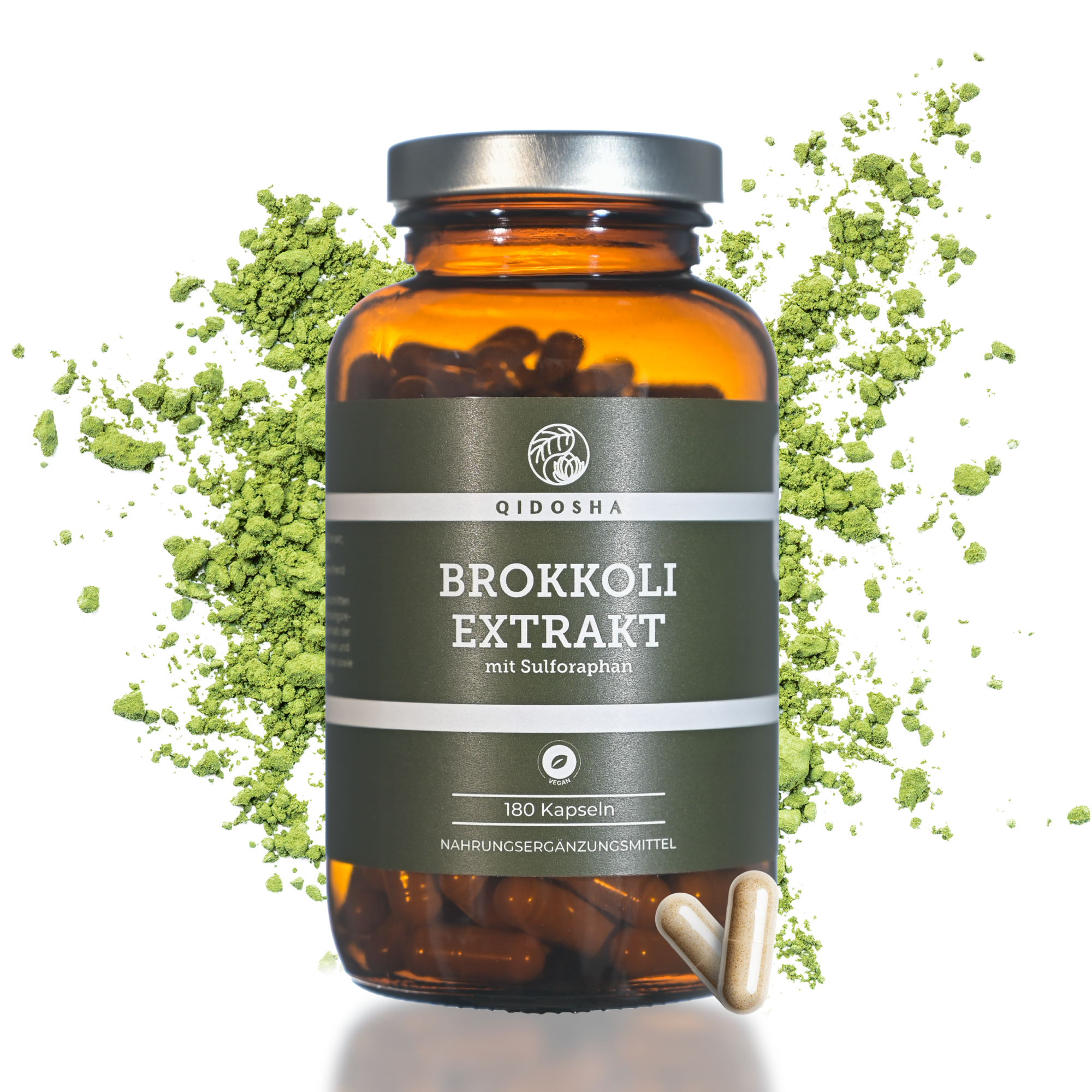 QIDOSHA Brokkoli Extrakt mit 13% Sulforaphan in Premium-Qualität: Amber-Glasflasche mit 180 veganen Kapseln, laborgeprüft und ohne Zusatzstoffe.