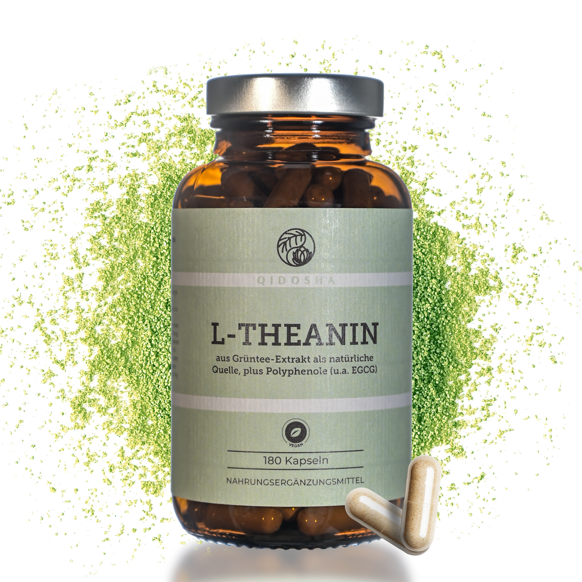 L-Theanin & EGCG aus Grüntee-Extrakt: Premium, vegane Kapseln mit hoher Reinheit und laborgeprüfter Qualität, ohne Zusatzstoffe, in nachhaltigem Glasbehälter.