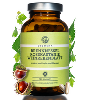 QIDOSHA Premium-Glas mit 120 veganen Kapseln: Brennnessel, Rosskastanie, Weinrebenblatt, ergänzt mit Kupfer und Mangan, ohne Zusatzstoffe, laborgeprüfte Qualität, ab Januar 2026 verfügbar.