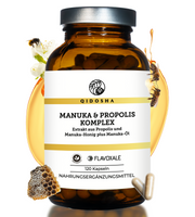 Propolis & Manuka Komplex mit Flavoxale®, Premium-Nahrungsergänzungsmittel mit Propolis-Extrakt, Manuka-Honig MGO100+ und Manuka-Öl, im braunen Glas mit silbernem Deckel.