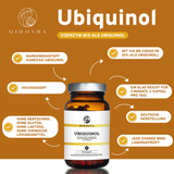 Coenzym Q10 als Ubiquinol mit dem Markenrohstoff von KANEKA®, in laborgeprüfter, premium Qualität, ohne Füllstoffe, 90 Kapseln, nachhaltige Glasverpackung, deutsche Herstellung.