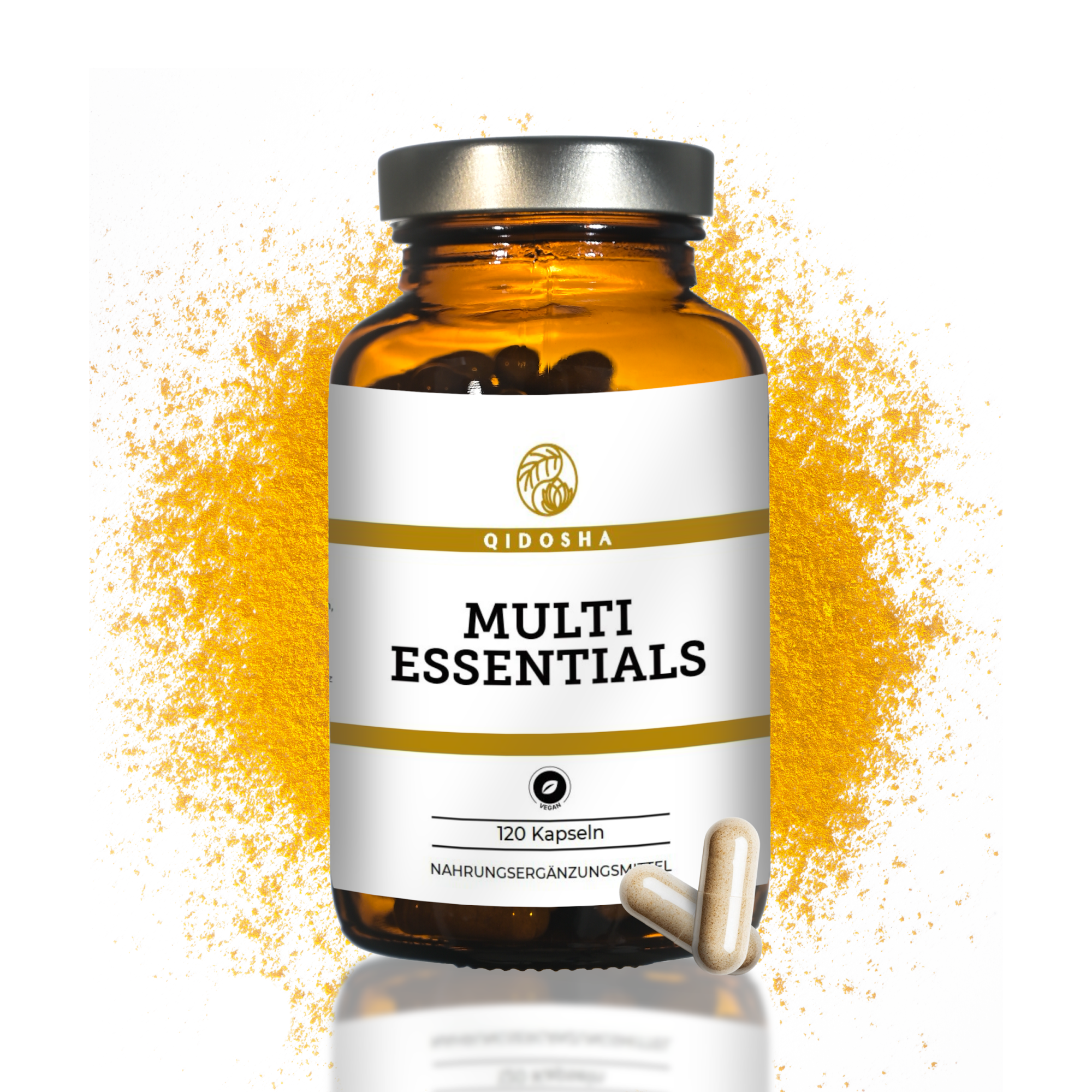 QIDOSHA Multi Essentials Premium Nahrungsergänzungsmittel mit Vitaminen, Mineralstoffen und sekundären Pflanzenstoffen. Vegan, ohne Füllstoffe, 120 Kapseln in lichtgeschütztem Glas.