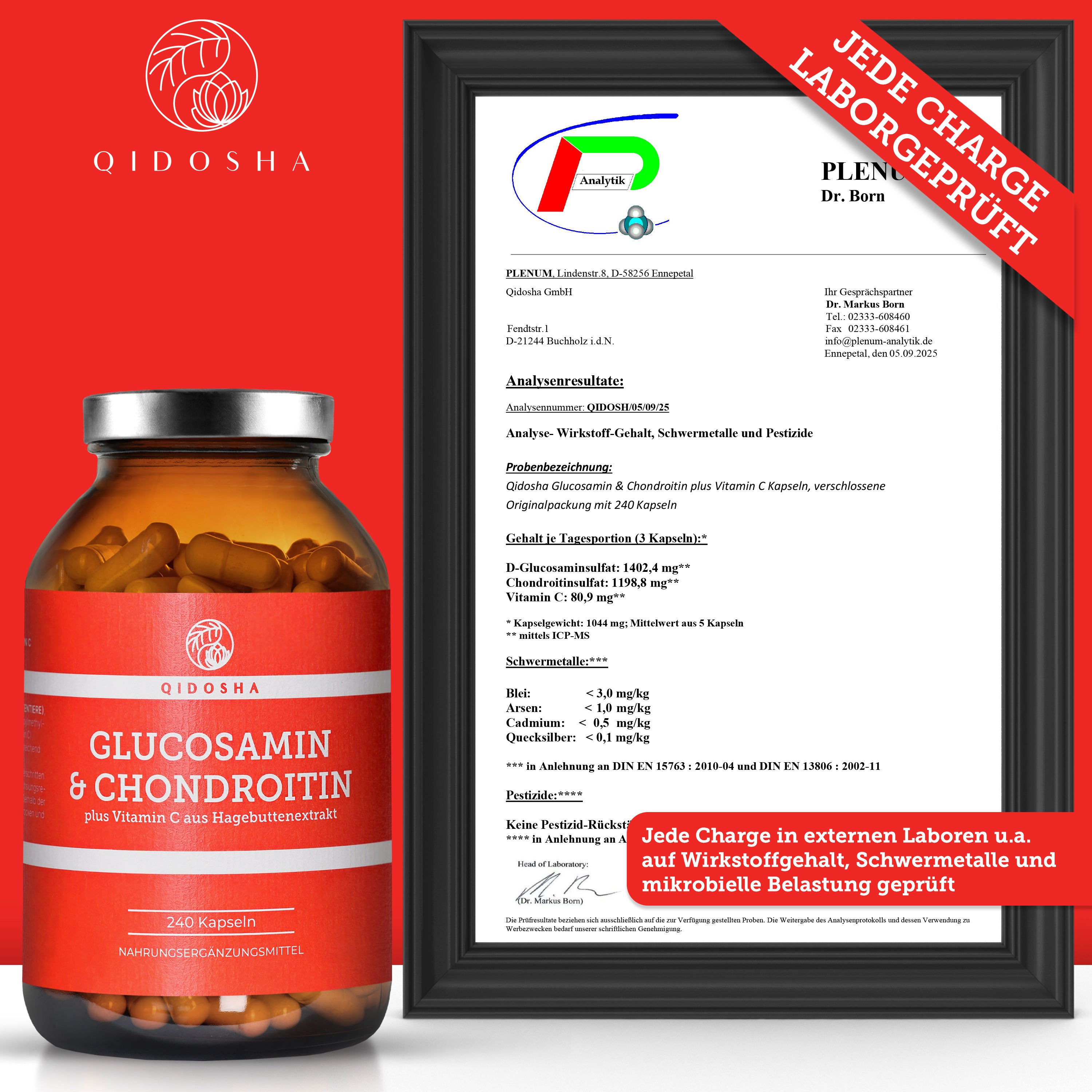 Glucosamin & Chondroitin plus Vitamin C: Premium-Nahrungsergänzungsmittel von Qidosha, im lichtgeschützten Glas, laborgeprüft auf Wirkstoffe und Schadstoffe, ohne Zusatzstoffe.