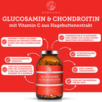Glucosamin & Chondroitin plus Vitamin C: Premium-Kapseln in Braunglas, hochdosiert und laborgeprüft, fördern Knorpelfunktion und Kollagenbildung, hergestellt in Deutschland, ohne Füllstoffe.