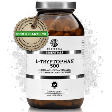L-Tryptophan im Glas: Premium, laborgeprüftes, pflanzliches Supplement von QIDOSHA mit 240 veganen Kapseln, ohne Füllstoffe, hergestellt in Deutschland. True Clean Label.