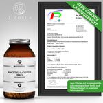 Braunes Glas mit Qidosha Essentials N-Acetyl-L-Cystein (NAC), 240 vegane Kapseln, laborgeprüft, hohe Qualität, ohne Füllstoffe, hergestellt in Deutschland.