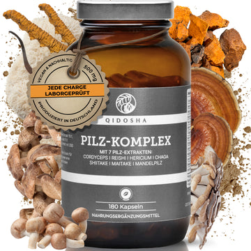 Pilz Komplex im Glas: Premium Nahrungsergänzungsmittel mit sieben Vitalpilz-Extrakten, 180 vegane Kapseln, hergestellt in Deutschland, laborgeprüfte Qualität, ohne Füll- oder Zusatzstoffe.