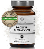 S-Acetyl-Glutathion im Glas, Premium-Nahrungsergänzungsmittel in veganen Kapseln, mit stabilisierter, bioaktiver Form, ohne Zusatzstoffe, laborgeprüfte Qualität, nachhaltig produziert in Deutschland.
