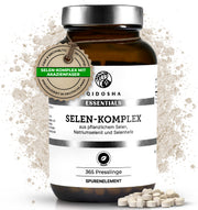 Dunkelbraunes Glas mit QIDOSHA ESSENTIALS SELEN-KOMPLEX, vegane, laborgeprüfte Selen-Tabletten aus pflanzlichen Quellen, ohne Füllstoffe, 365 Presslinge, Premiumqualität.