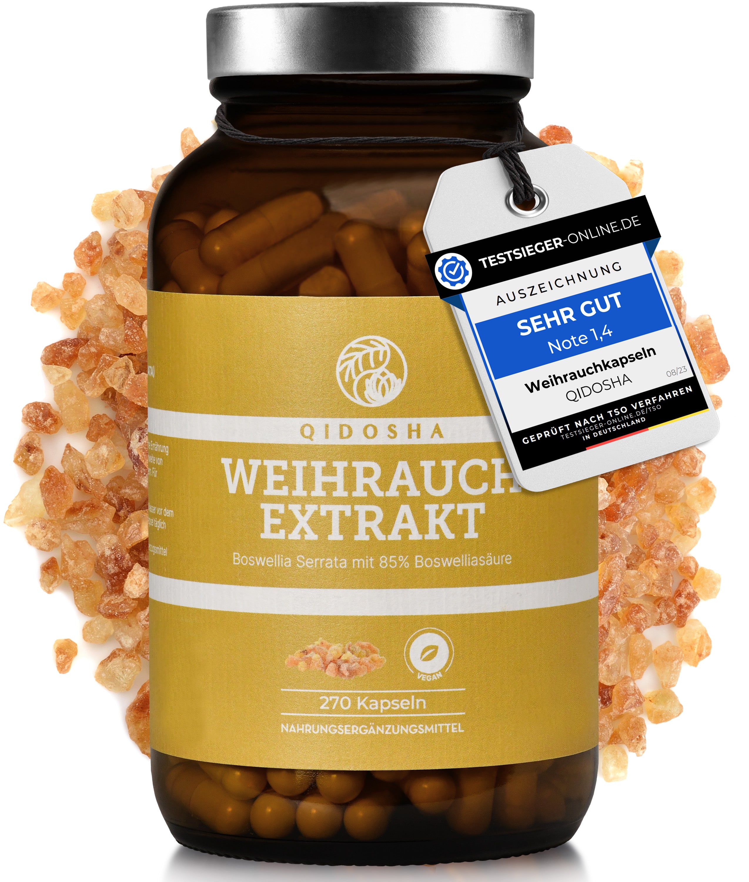Weihrauch (Boswellia Serrata 85%) Extrakt im Glas: Premium-Vegan-Kapseln, 270 Stück, hohe Qualität, ohne Füllstoffe, laborgeprüft, mit natürlichem Frankincense-Harz, ausgezeichnet mit Testsieger-Online Siegel.