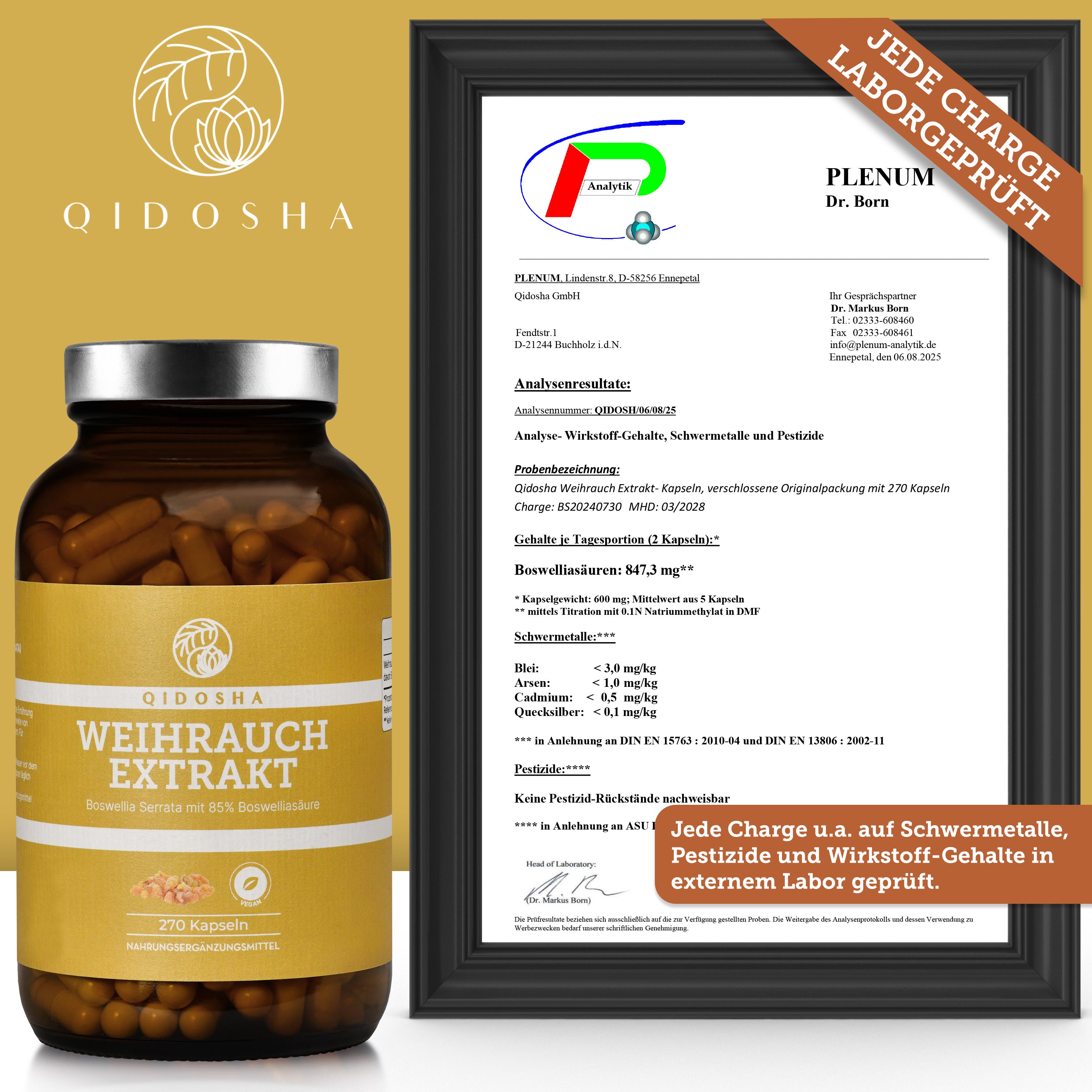 Weihrauch (Boswellia Serrata 85%) Extrakt im Glas, 270 vegane Kapseln. Premium, laborgeprüft, hohe Qualität, ohne Füll- oder Zusatzstoffe. Framed lab certificate rechts.