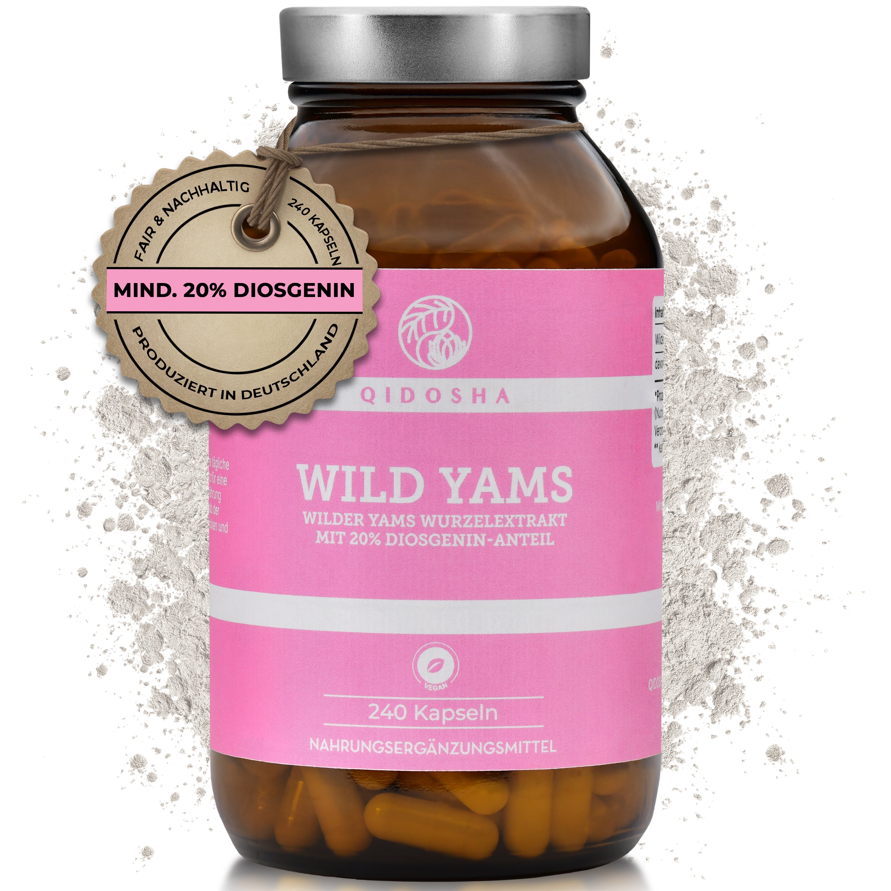 Wilde Yamswurzel im Glas: Premium vegane Kapseln, 20% Diosgenin, laborgeprüfte Qualität, ohne Füllstoffe. Hergestellt in Deutschland, nachhaltige Verpackung.
