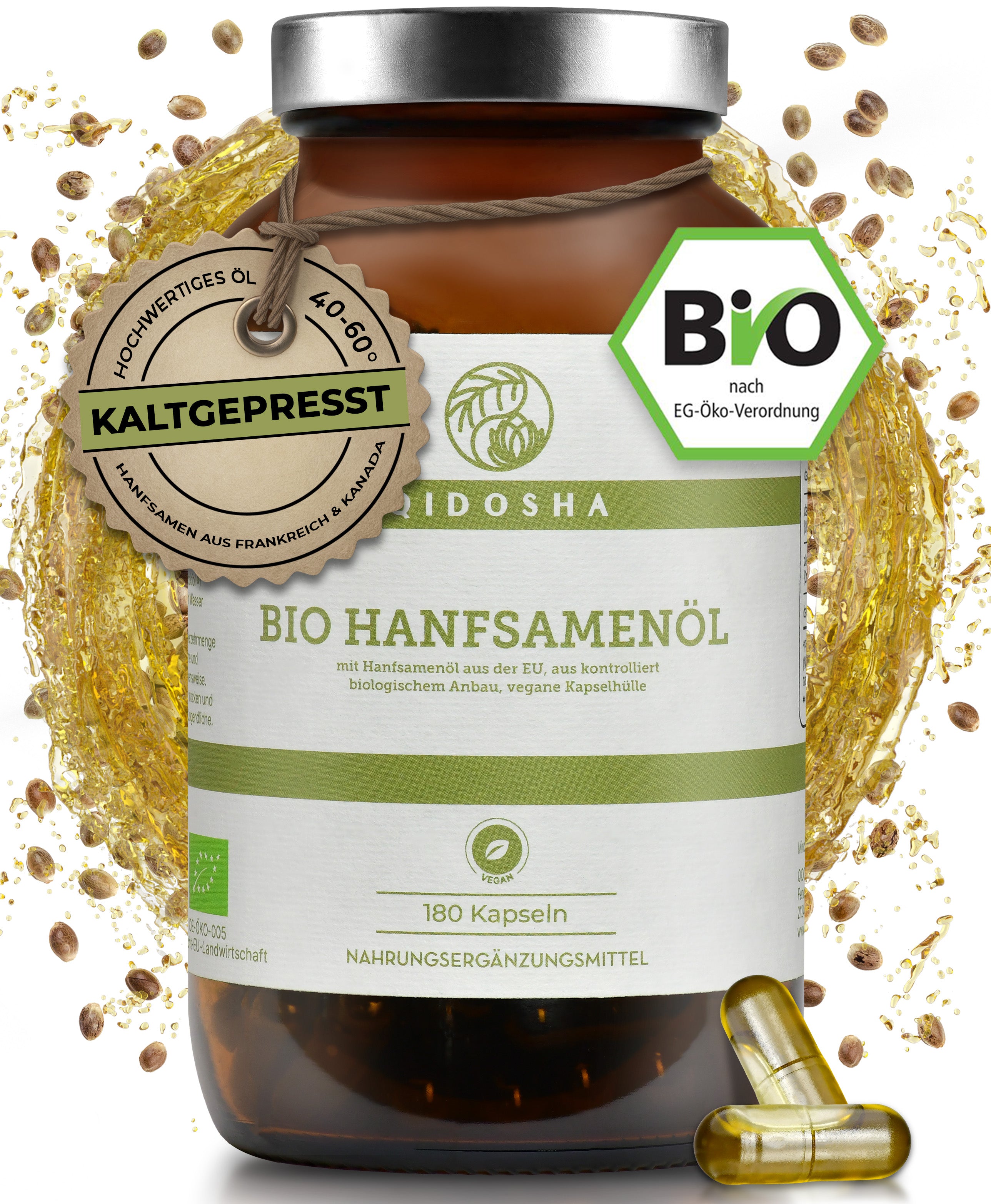 Bio Hanfsamenöl (vegan) im Glas von BIDOSHA: 180 kaltgepresste, laborgeprüfte Premium-Kapseln mit Omega-Fettsäuren, nachhaltig verpackt in Glas, ohne Zusatzstoffe.