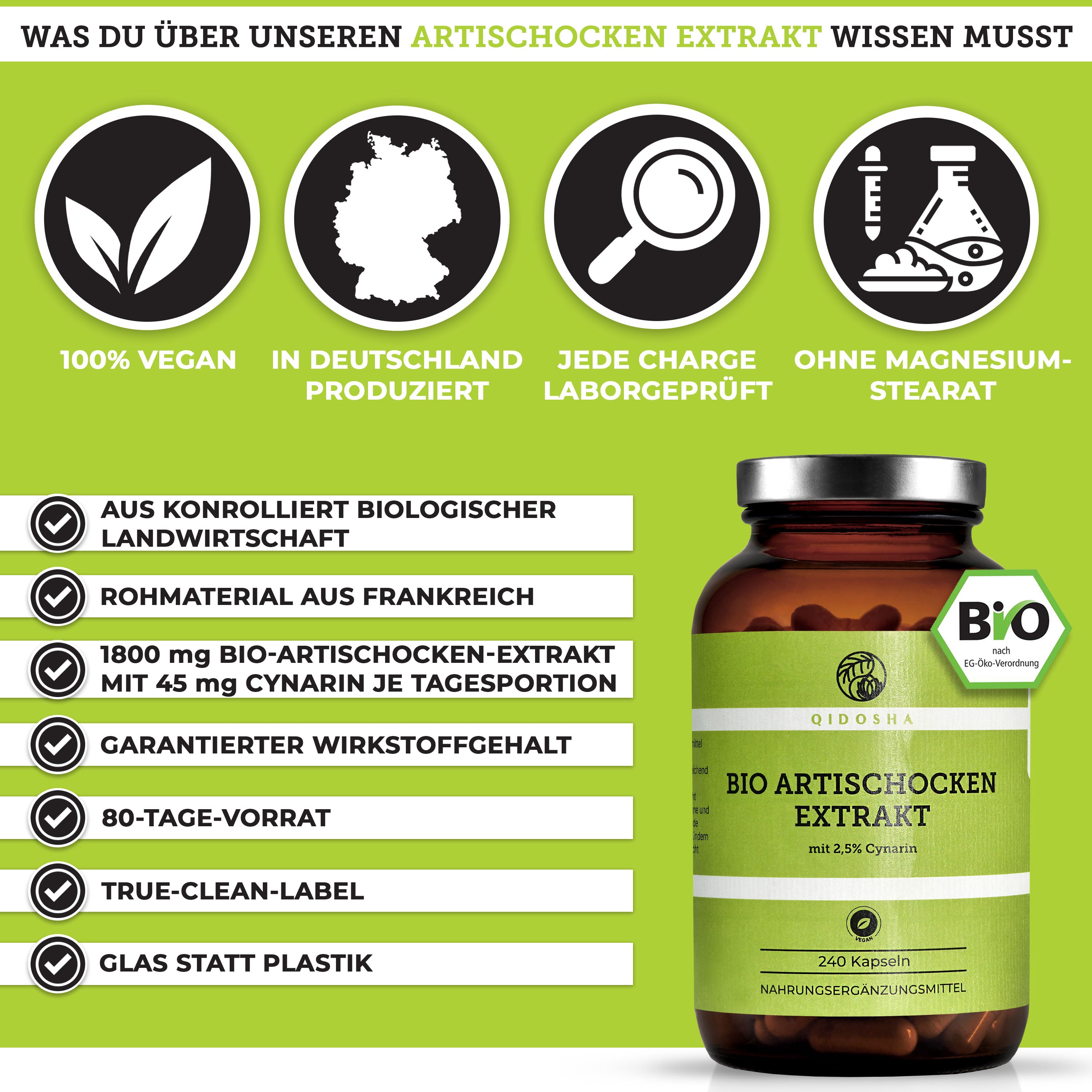 Bio Artischockenextrakt aus Frankreich mit 2,5% Cynarin, 240 vegane Kapseln, Premium-Qualität, kontrolliert biologisch, laborgeprüft, ohne Zusatzstoffe, 80-Tage-Vorrat, in Deutschland hergestellt.