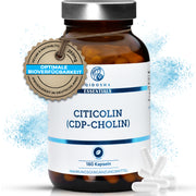 Cholin als Citicolin (CDP-Cholin) im Glas: Premium, vegane Kapseln, 250 mg, 180 Stück, hohe Qualität, laborgeprüft, ohne Füllstoffe, nachhaltige Verpackung, hergestellt in Deutschland.