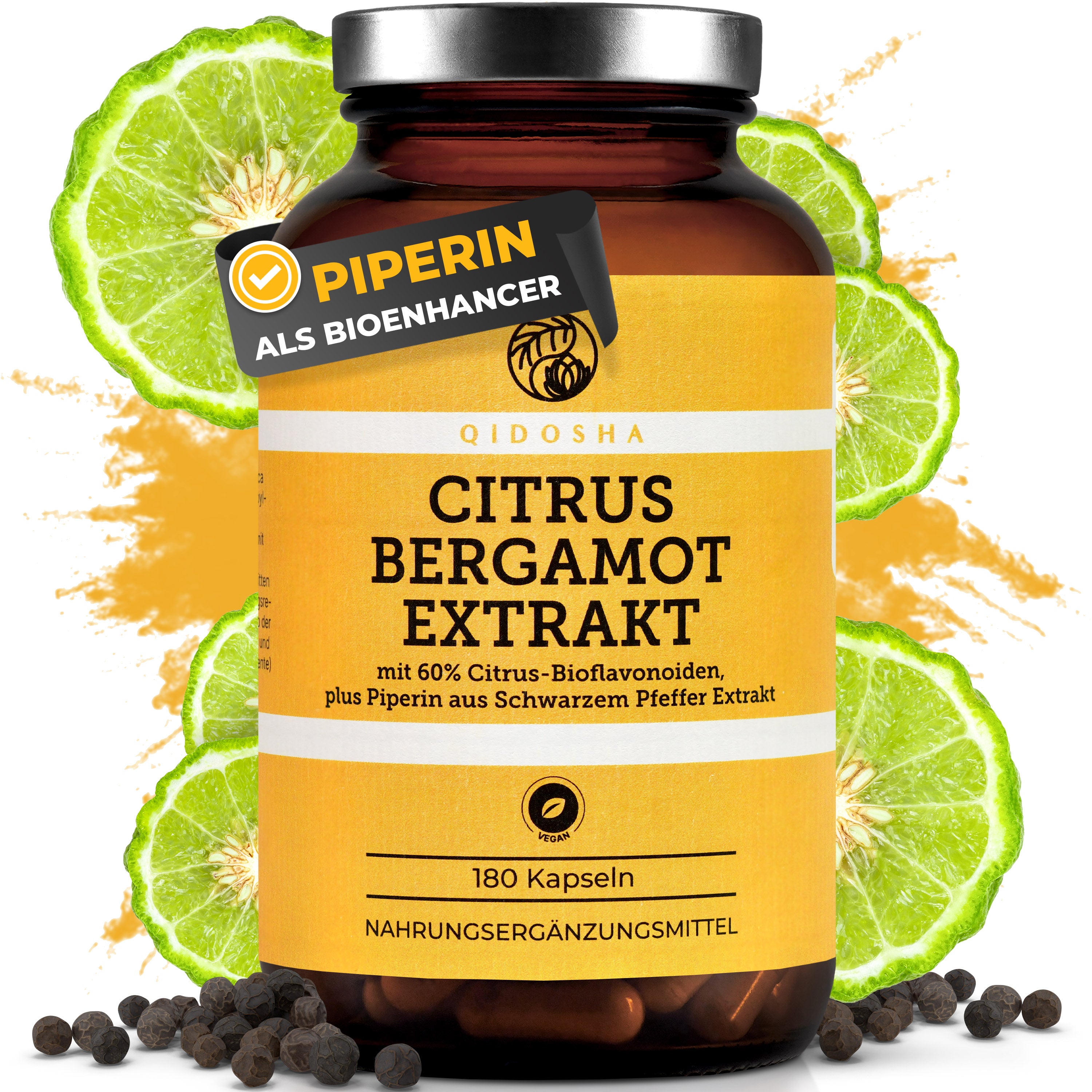 QIDOSHA Premium Citrus Bergamot Extrakt plus Piperin: Laborgeprüfte Qualität, 180 vegane Kapseln. Enthält 60% Bioflavonoide, ohne Füll- oder Zusatzstoffe, im lichtgeschützten Braunglas.