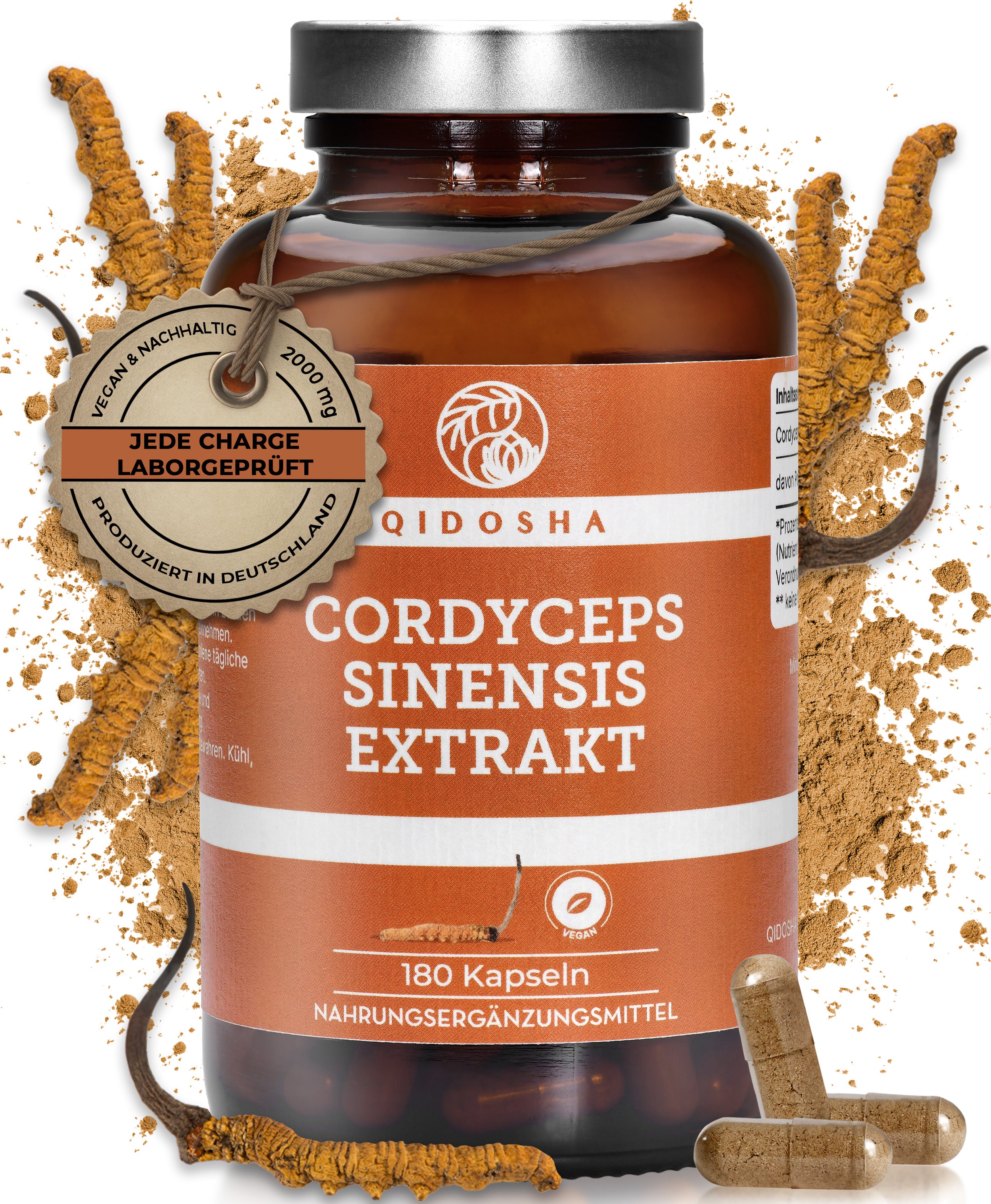 Cordyceps sinensis (CS-4) Extrakt im Glas, laborgeprüft, 180 vegane Kapseln, 2.000 mg, ohne Füllstoffe, produziert in Deutschland, Premium Qualität.