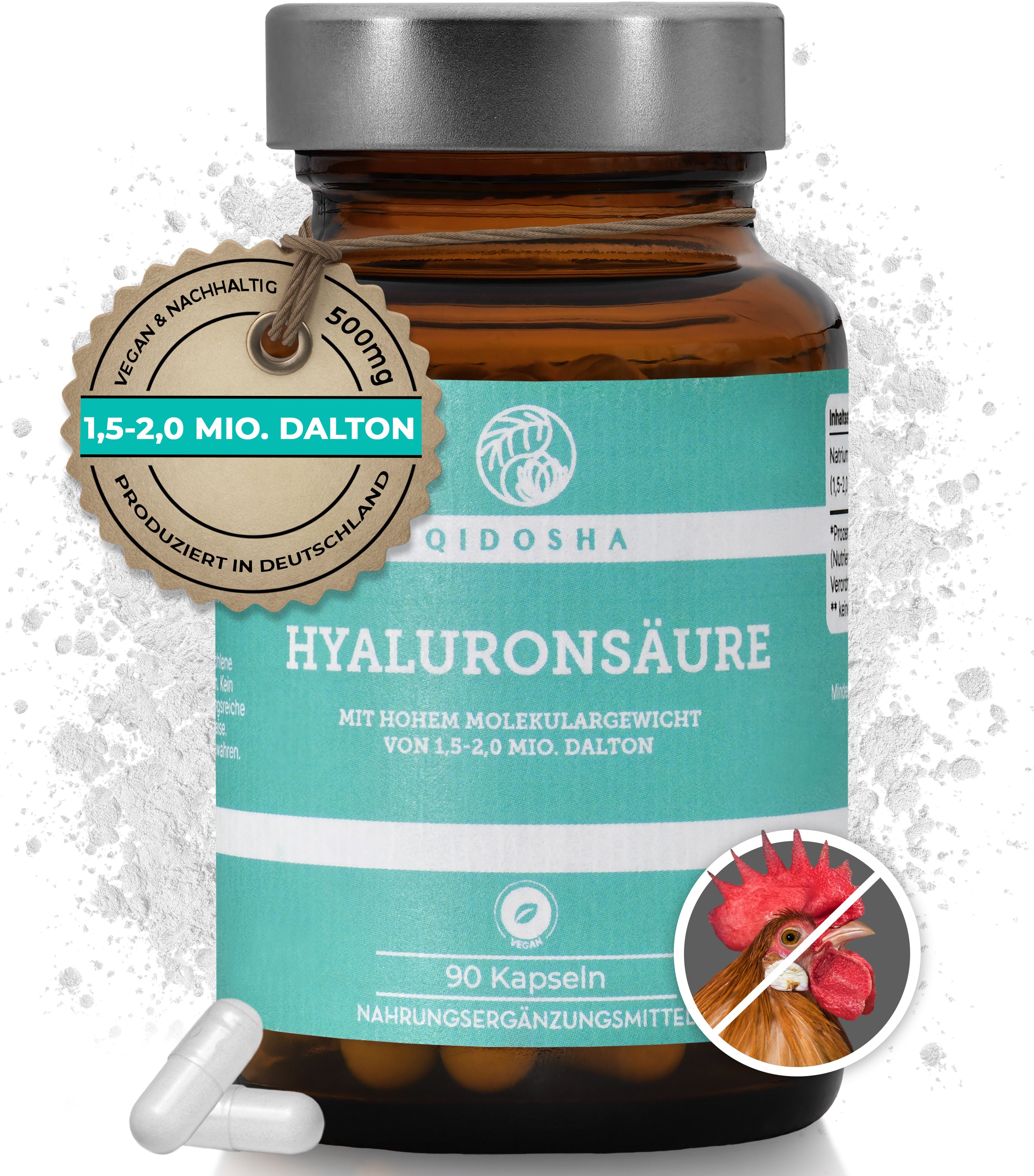 Hyaluronsäure (hohes Molekulargewicht) im Glas: Premium, vegan, 500 mg pro Kapsel, 90 Stück, laborgeprüfte Qualität, ohne Zusatzstoffe, nachhaltig produziert in Deutschland.