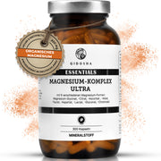 Magnesium-Komplex Ultra im Glas mit 300 veganen Kapseln, laborgeprüft, hohe Qualität, enthält 9 organische Magnesiumformen, nachhaltig, ohne Füllstoffe, produziert in Deutschland.