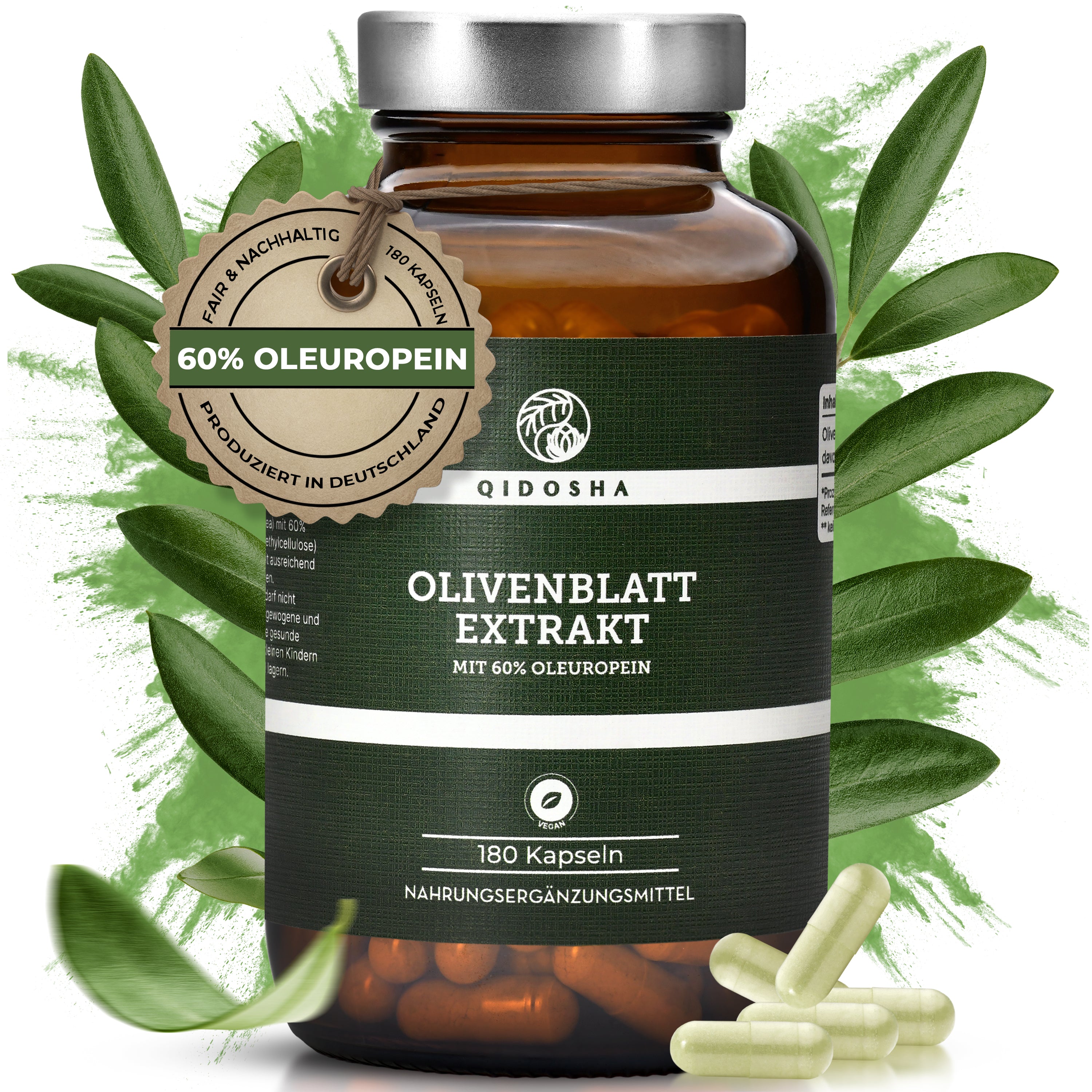 Olivenblatt-Extrakt mit 60% Oleuropein, 180 vegane Kapseln, Premium-Nahrungsergänzungsmittel, laborgeprüft, ohne Zusatzstoffe, nachhaltig in Deutschland produziert, in Gläsern verpackt.