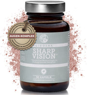 QIDOSHA SHARP VISION Augen-Komplex: Braunglasdose mit silbernem Deckel, 90 vegane Kapseln für normale Sehkraft, produziert in Deutschland, ohne Zusatzstoffe, laborgeprüft, nachhaltiges Produkt.