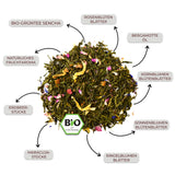 Bio Kräutertee und Grüntee - Probierpaket Sunrise to Sunset: Premium Bio-Sencha mit Erdbeer-Maracuja-Aroma, Rosen-, Kornblumen- und Sonnenblumenblüten, Bergamotteöl, hohe Qualität, true clean label.
