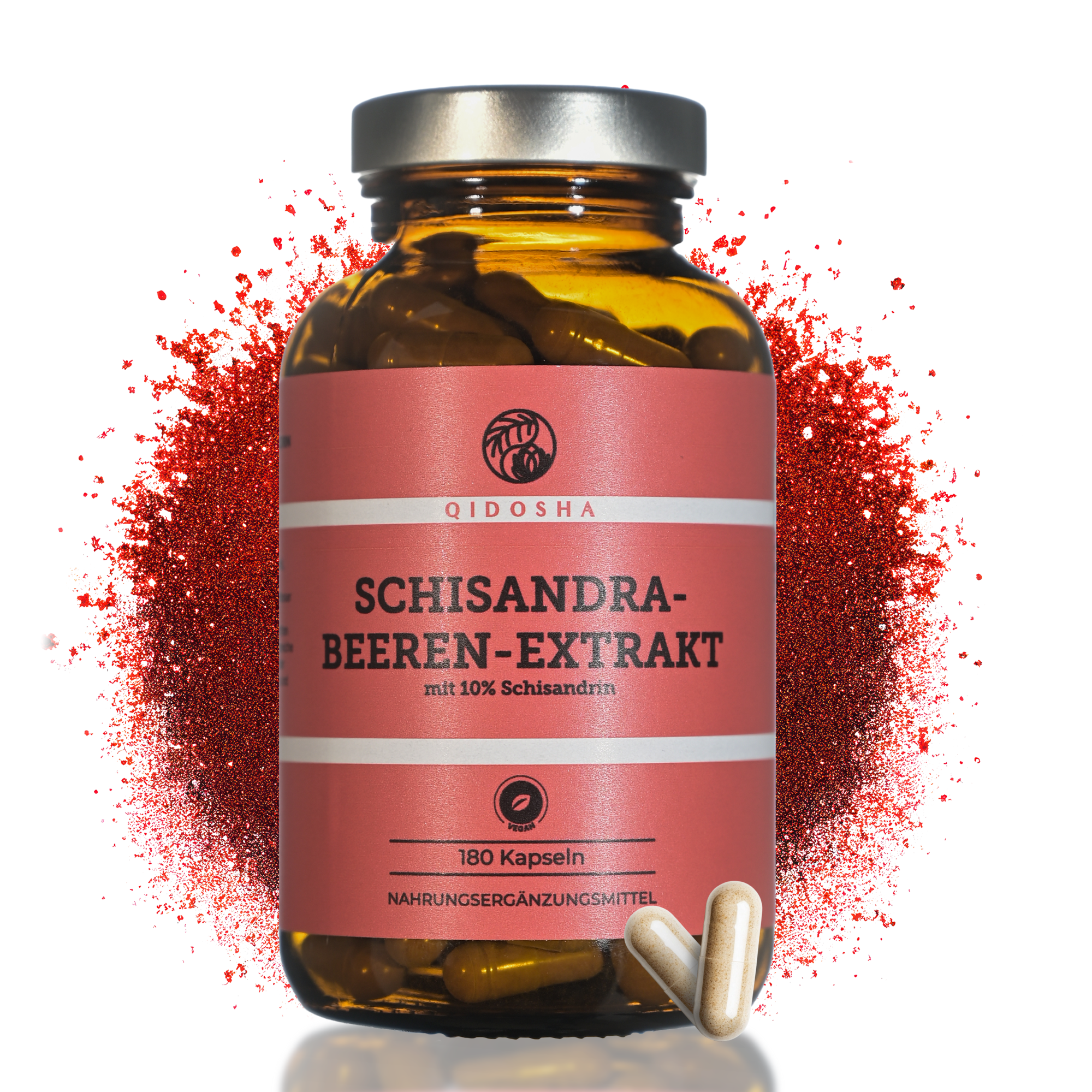 QIDOSHA Schisandra Extrakt mit 10% Schisandrin, 180 vegane Kapseln in Premium-Qualität, laborgeprüfte Reinheit, ohne Füll- oder Zusatzstoffe, in lichtgeschütztem Braunglas.