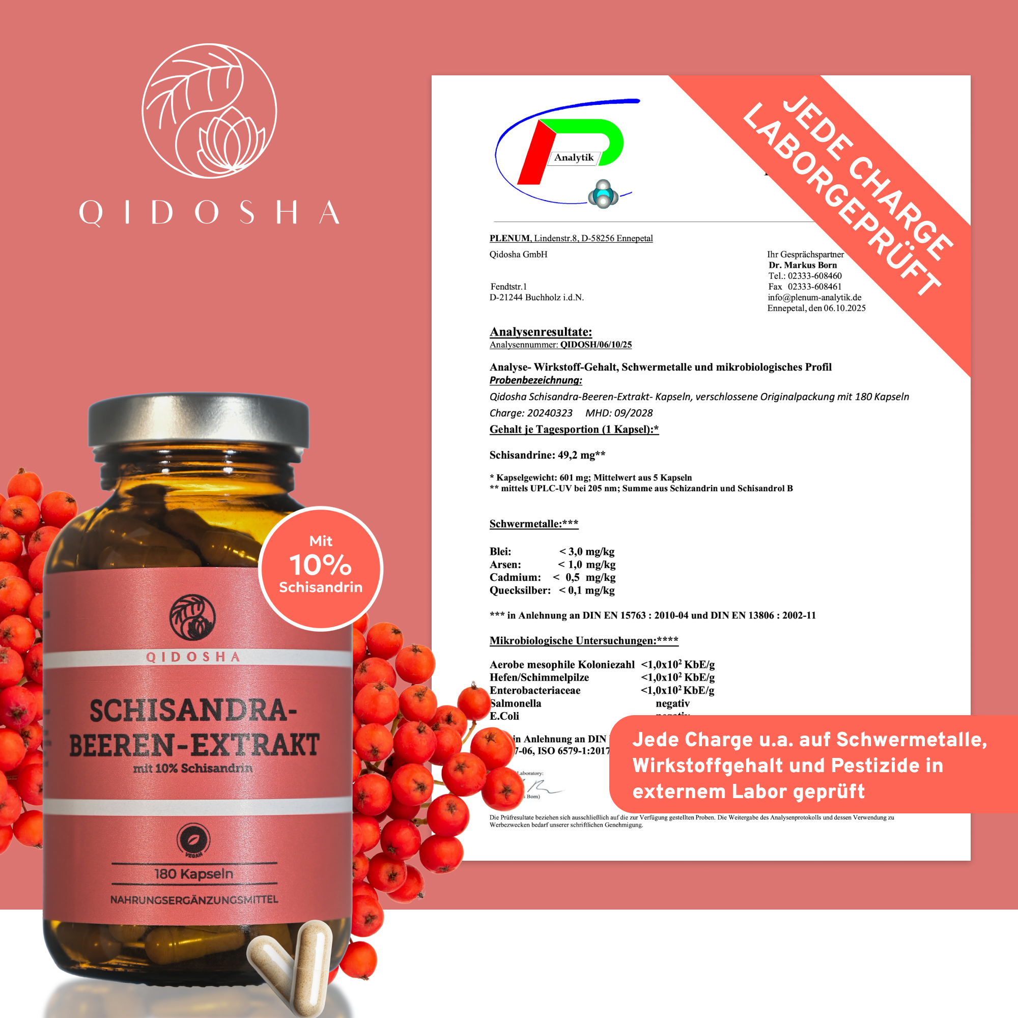 Schisandra Extrakt mit 10% Schisandrin, Premium-Qualität, 180 Kapseln in Glas, laborgeprüft, ohne Füllstoffe, mit Schisandra-Beeren und Prüfzertifikat von PLENUM Analytik im Hintergrund.