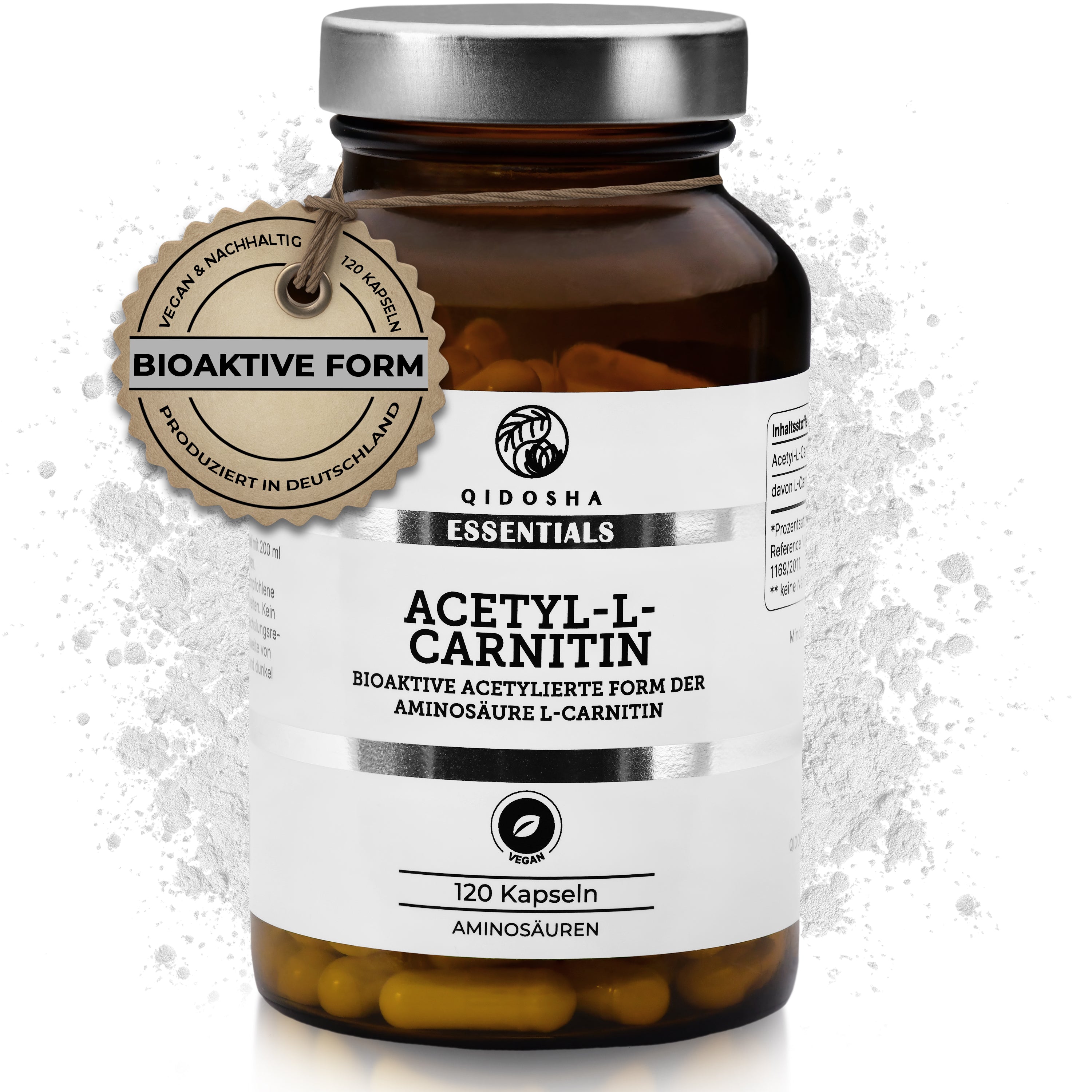 Acetyl-L-Carnitin (bioaktiv) im Glas von Qidosha Essentials: 120 vegane Kapseln, laborgeprüfte Qualität, ohne Füllstoffe, in Deutschland produziert, Premium-Nahrungsergänzung.